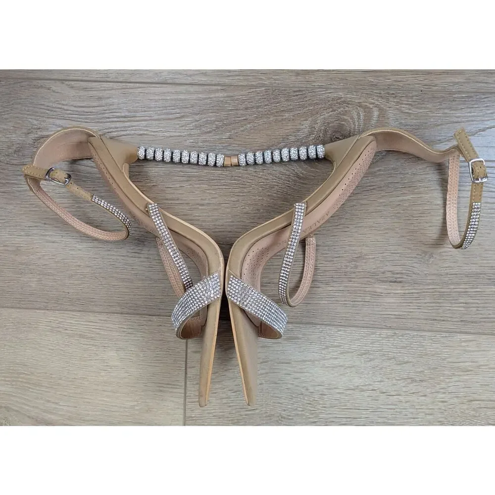 Azalea Wang Galaxy Heels 6 Nude Strappy Rhinestone Wrapped Stiletto Dressy NEW